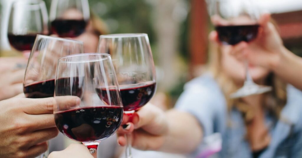 friends cheering wine glasses together at a Kawartha Lakes winery